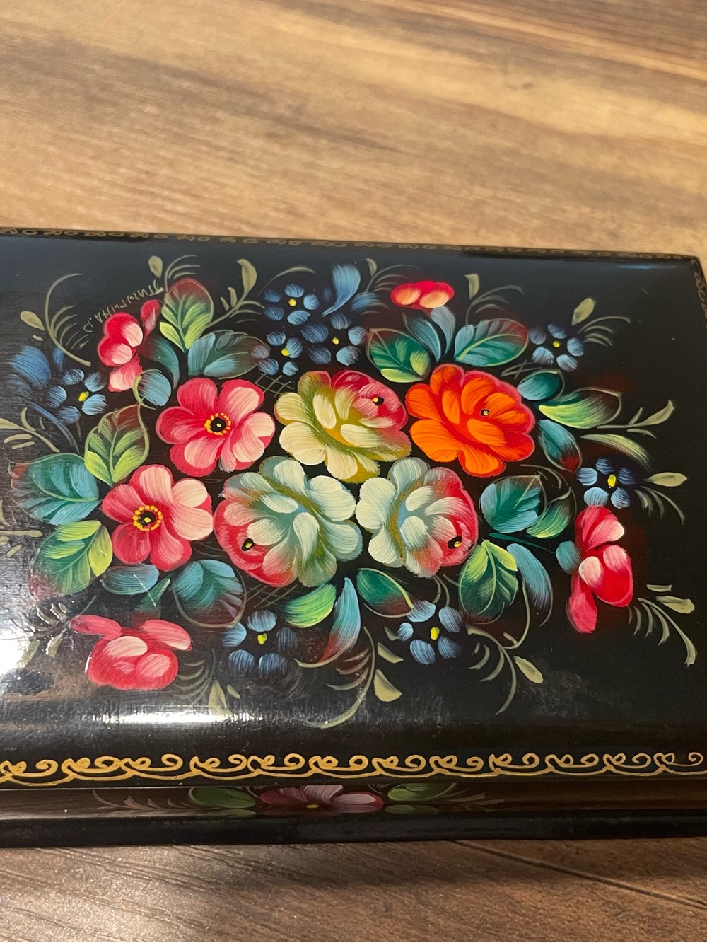 Hand-Painted Floral Lacquer Box - Colorful Bouquet on Black